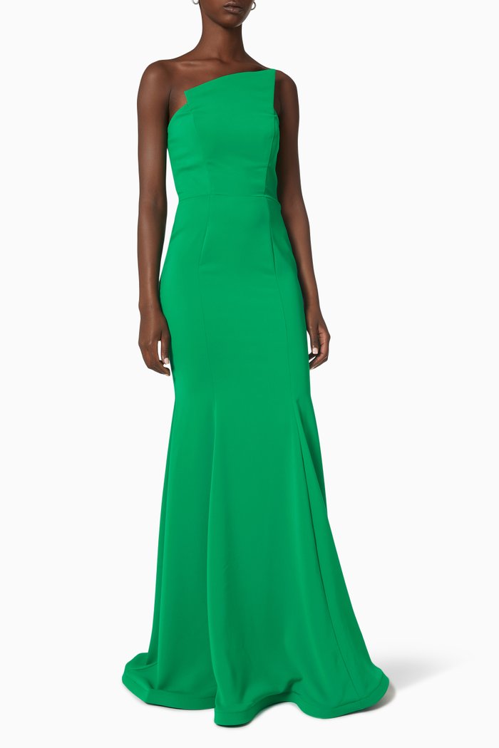 Asymmetric Gown in Pebbled Crepe, Green