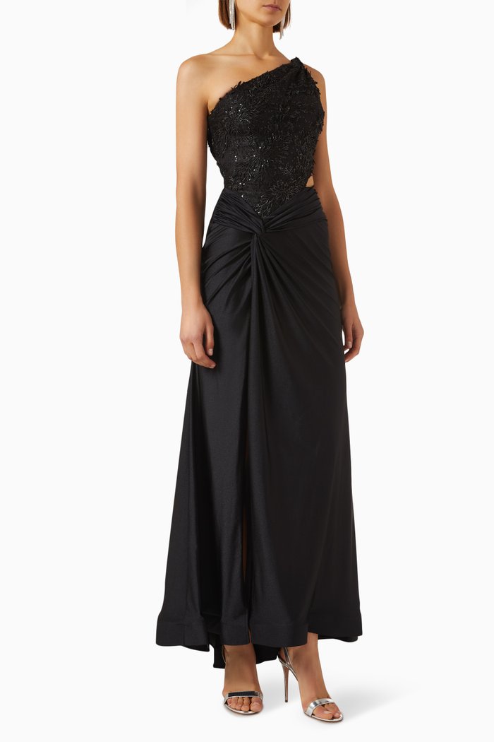

One-shoulder Sequin-embellished Gown, Black