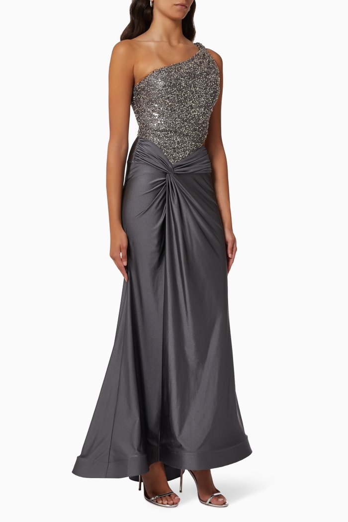 

One Shoulder Sequin Gown, Silver