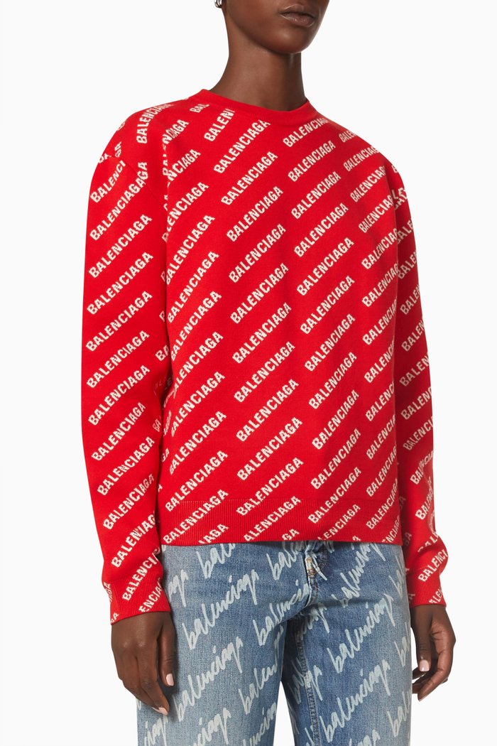 

Allover Logo Sweater in Cotton Wool Knit, Red
