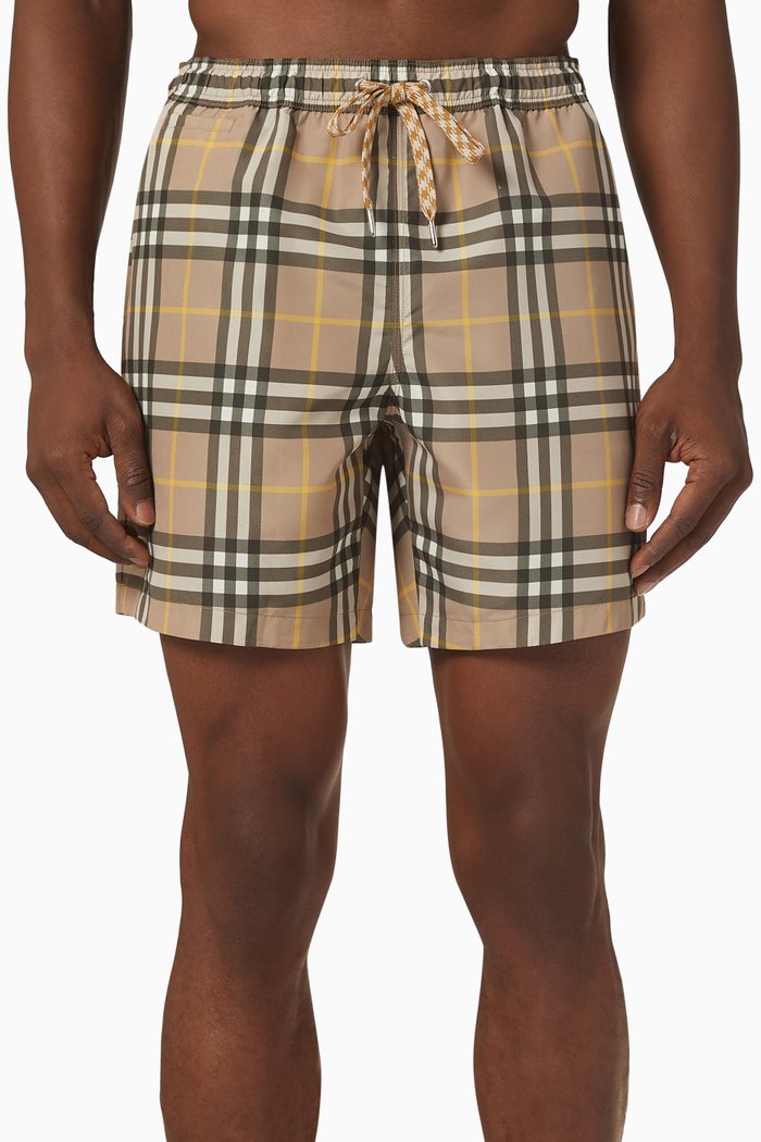 

Check Print Swim Shorts in Technical Fabric, Neutral
