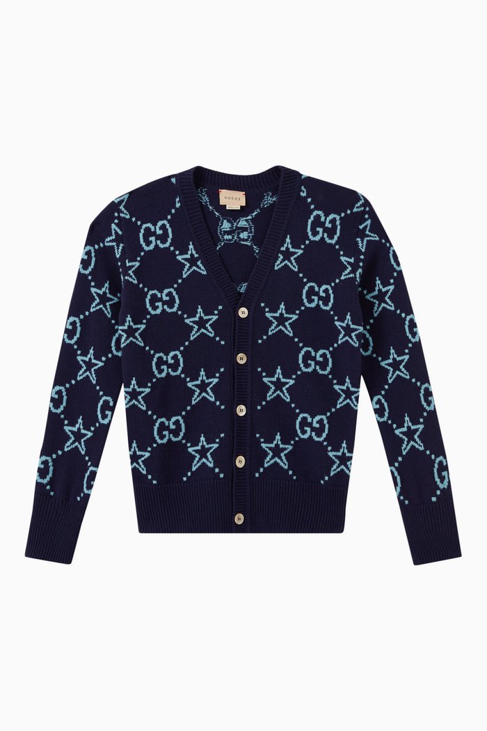 

GG Print Knit Cardigan in Wool, Blue