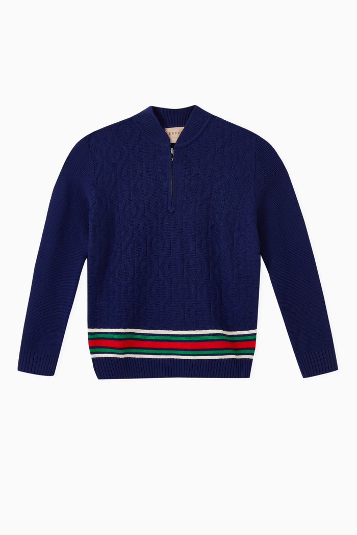 

Stripe Mock Neck Knitwear in Wool, Blue