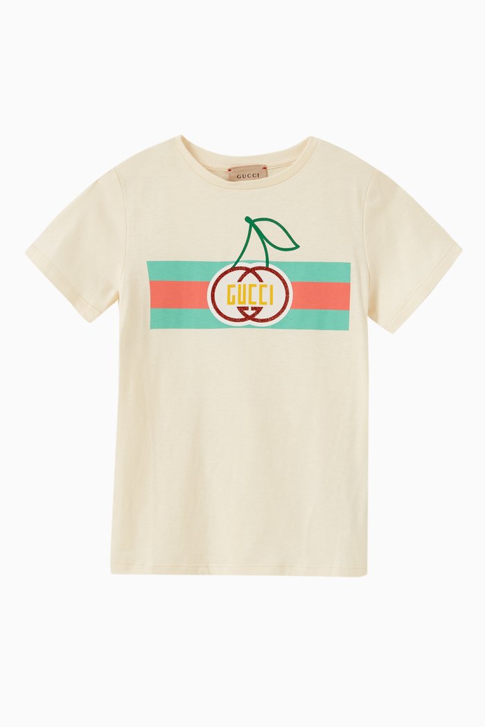 Web & Cherry Print T-shirt in Cotton Jersey, Neutral
