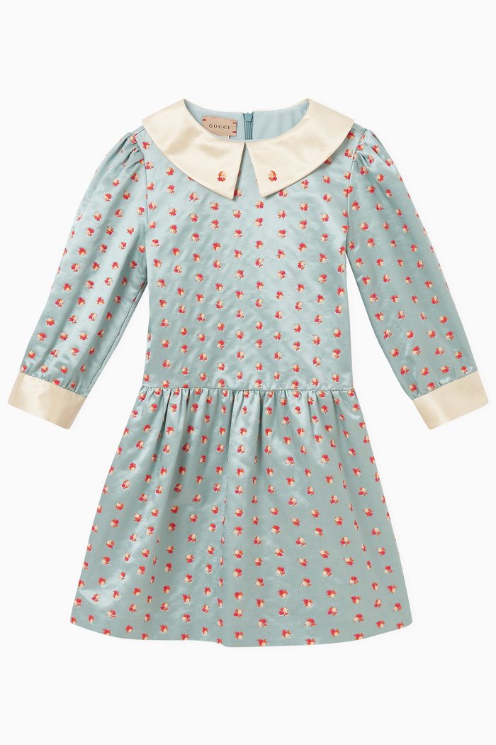 Floral Dress in Cotton Silk, Blue