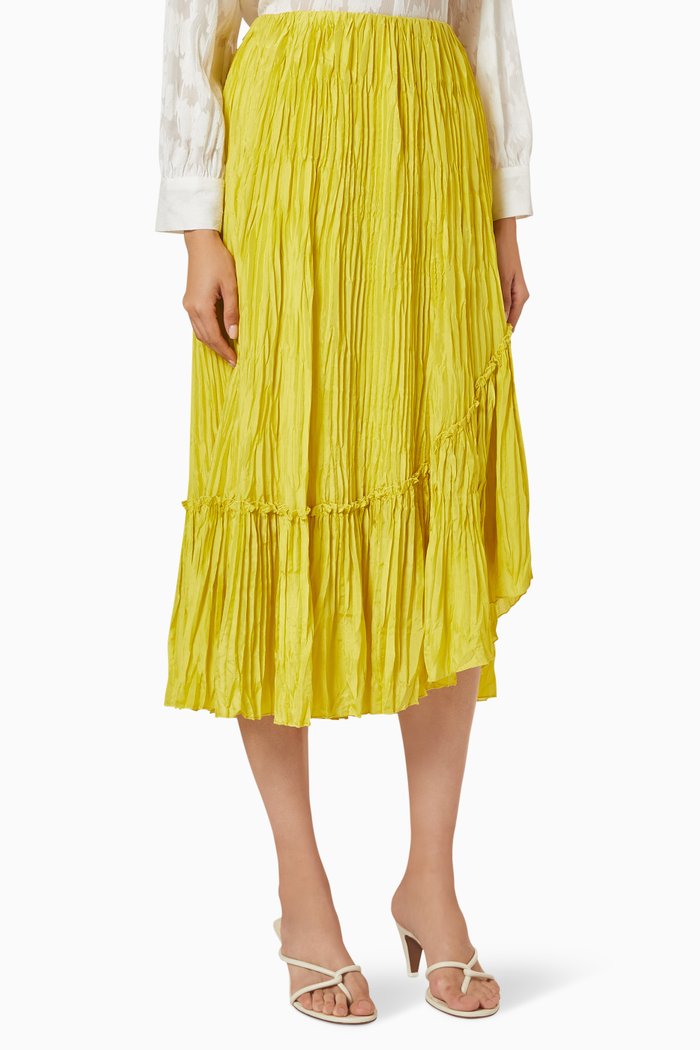

Crushed Tiered Paneled Skirt in Silk, Yellow