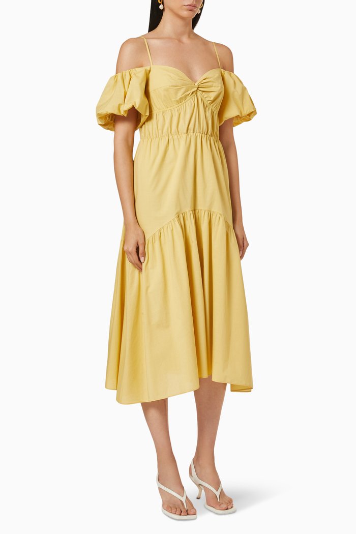 

Draped Puff Sleeve Tiered Dress, Neutral