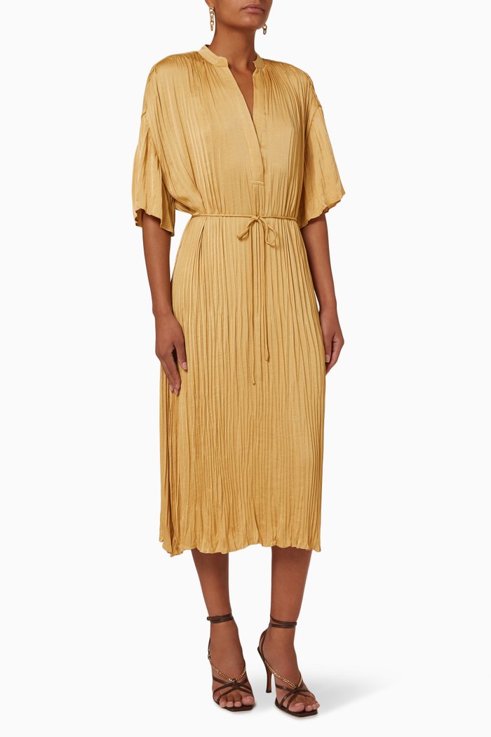 

Short Sleeve Crushed Band Collar Dress in Crushed Satin, Brown
