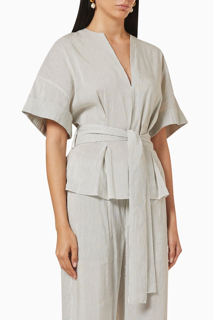 

Stripe Cuffed Short Sleeve Blouse, White