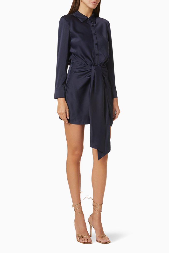

Clover Front Tie Dress in Satin, Blue