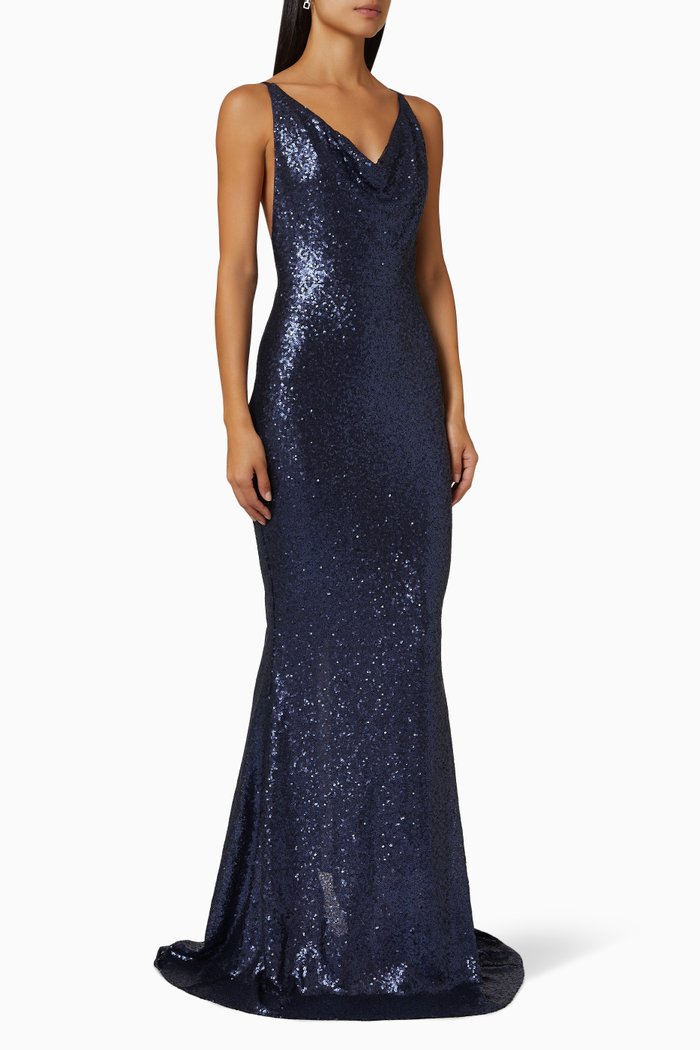 

Ricky Cowl Neck Sequin Gown, Blue