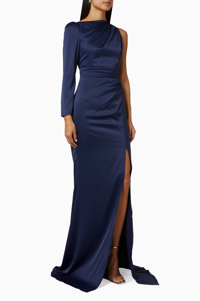 

One Shoulder Gown in Satin, Blue