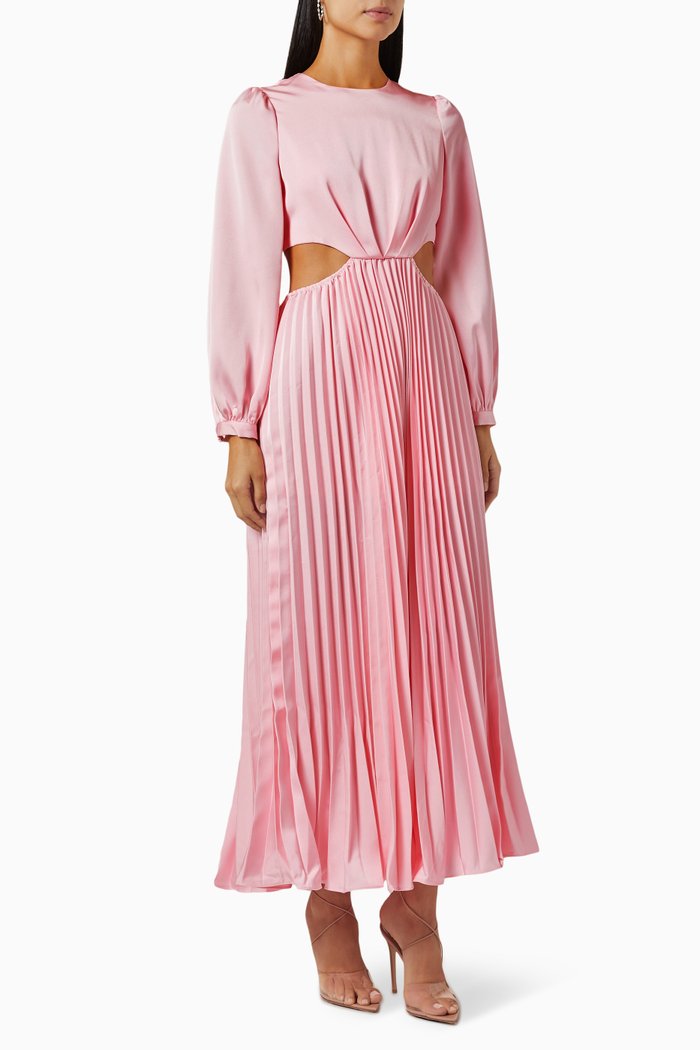 Barry Pleated Midi Dress in Satin, Pink