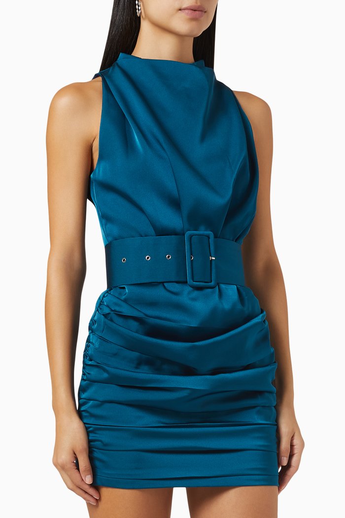 

Kristopher Belted Mini Dress in Satin, Blue