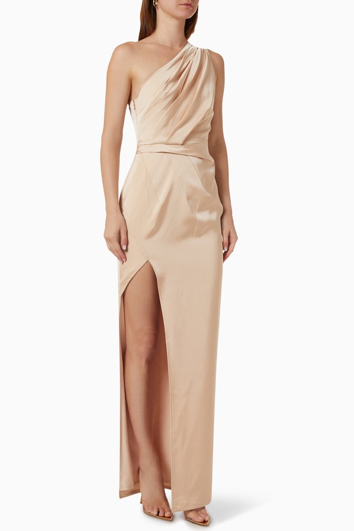 

Wenona One-shoulder Gown in Satin, Neutral