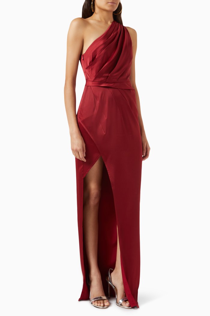 

Wenona One-shoulder Gown in Satin, Red