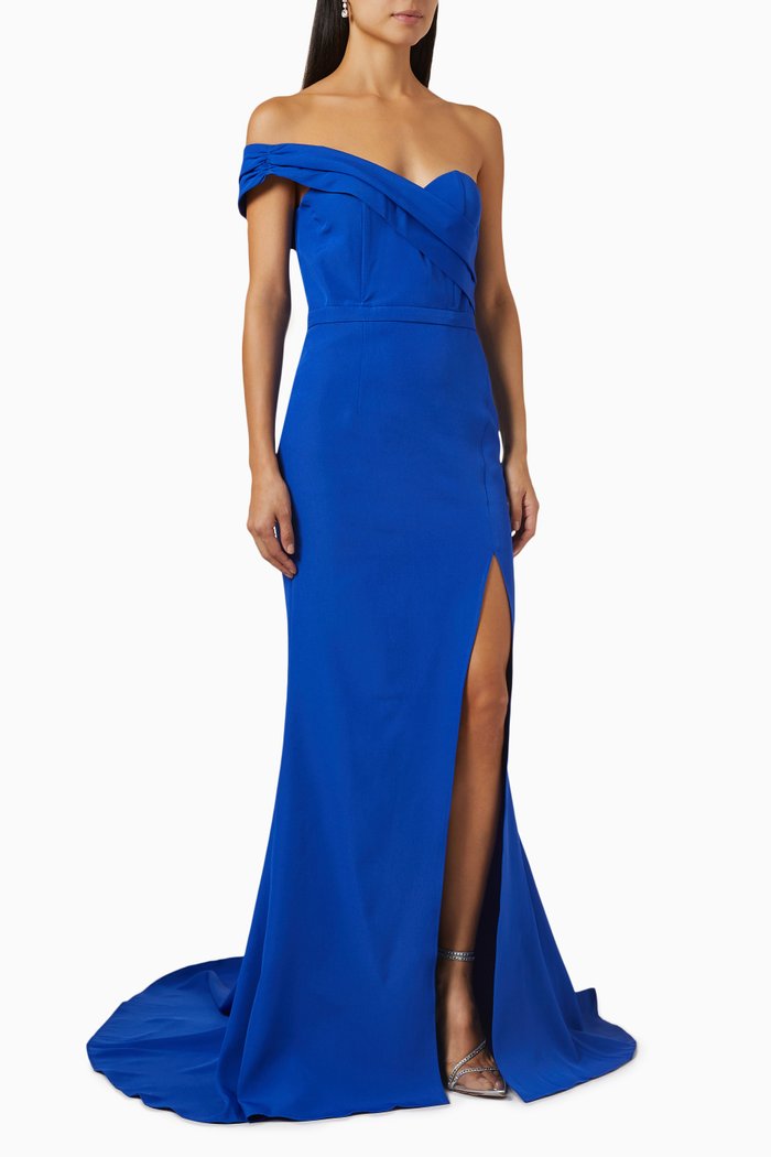 Ladonna Off-shoulder Gown in Crepe, Blue