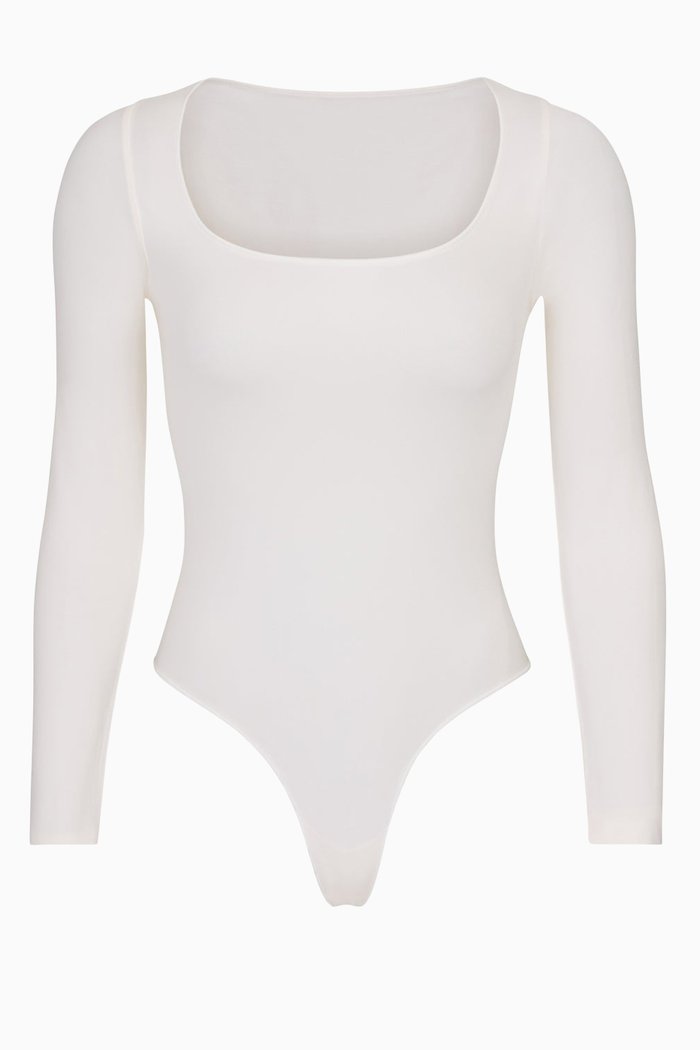 

Essential Long Sleeve Thong Bodysuit in Stretch Nylon, White