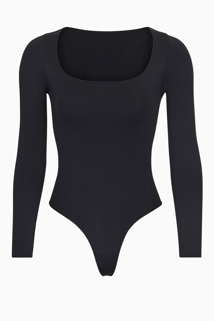 Essential Long Sleeve Thong Bodysuit in Stretch Nylon, Black