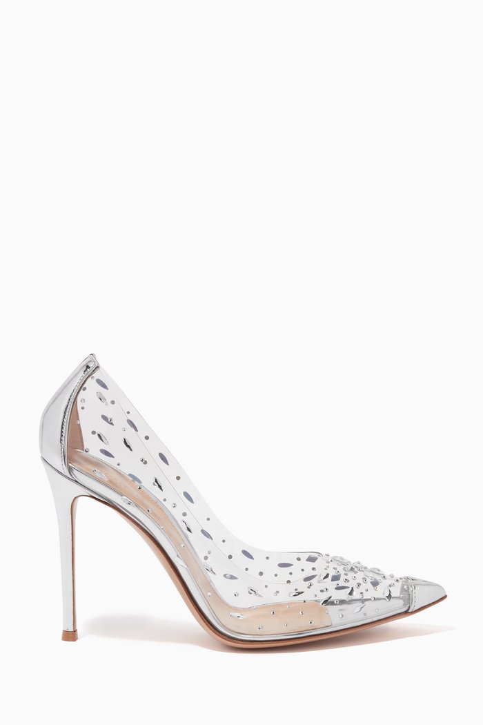 

Jewel Plexi 105mm Pumps in Metallic Leather, Silver