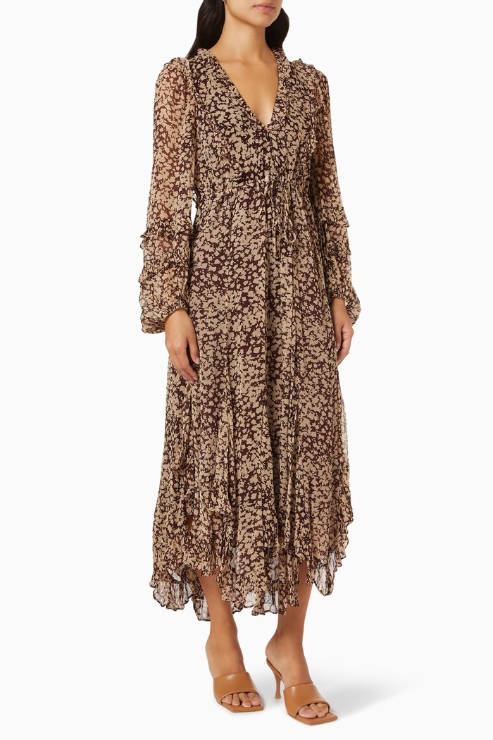 

Valeria Balloon Sleeve Godet Midi Dress, Brown