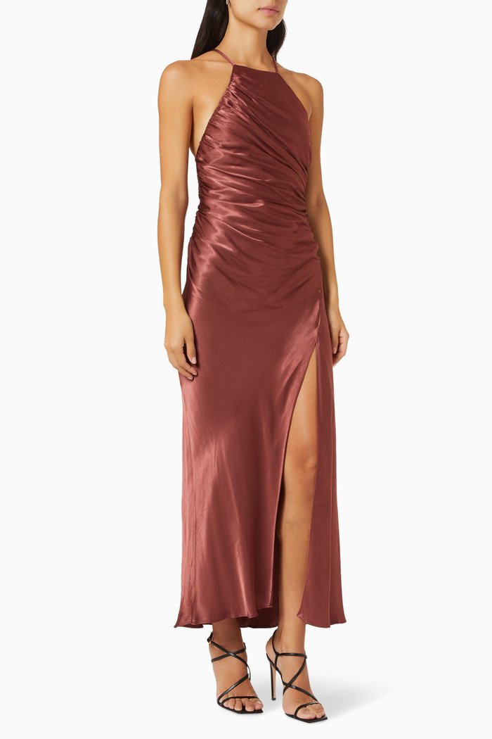 

Thalia Gathered Square Neck Bias Midi Dress, Burgundy