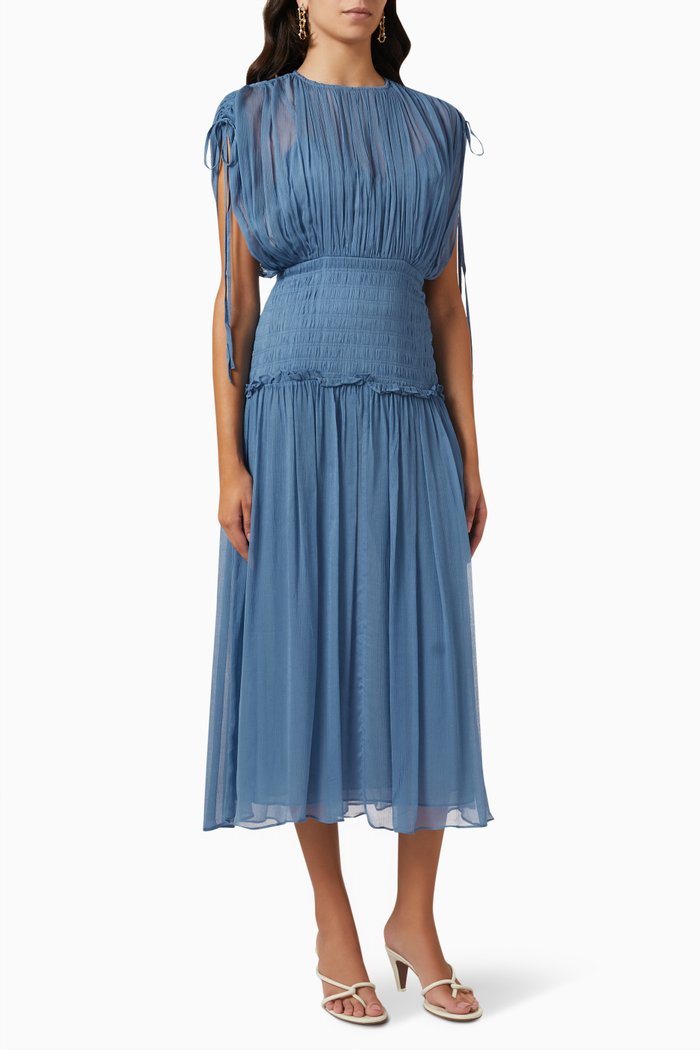 

Noemi Ruched Midi Dress in Chiffon, Blue