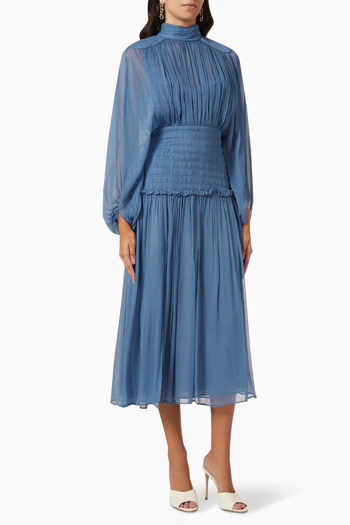 

Noemi Ruched Midi Dress in Chiffon, Blue