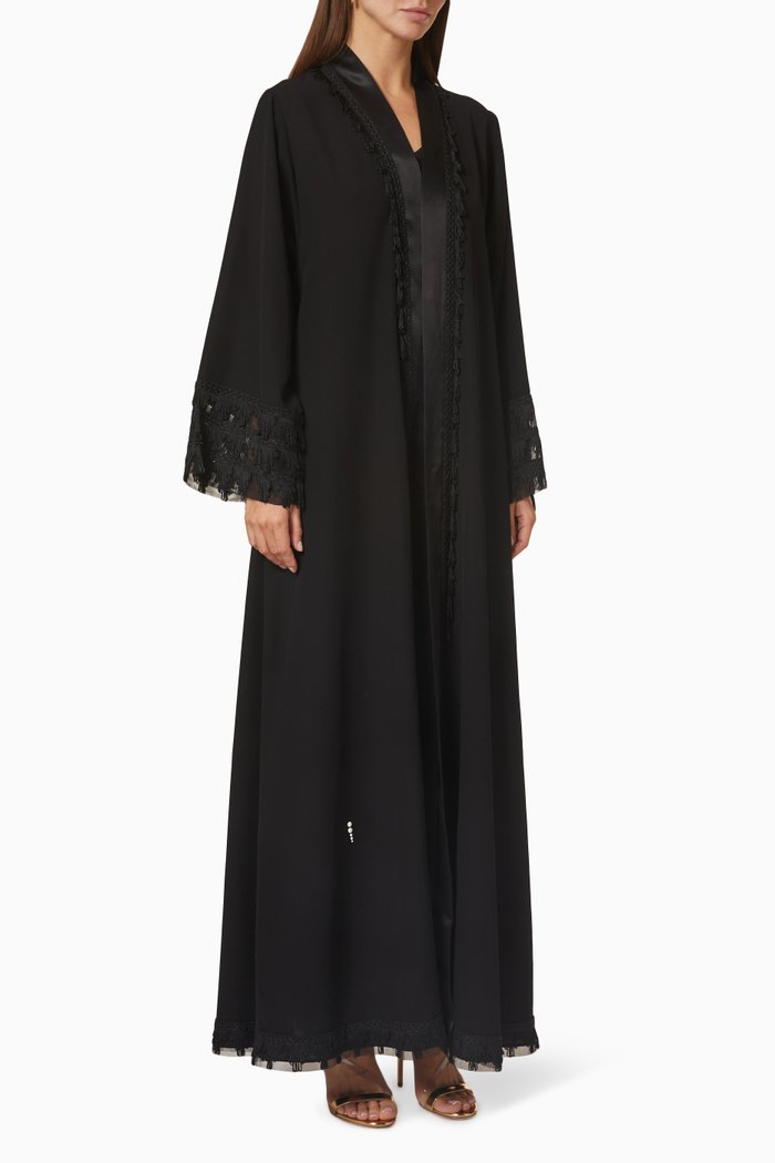 

Fringed Abaya in Textured Fabric, Black