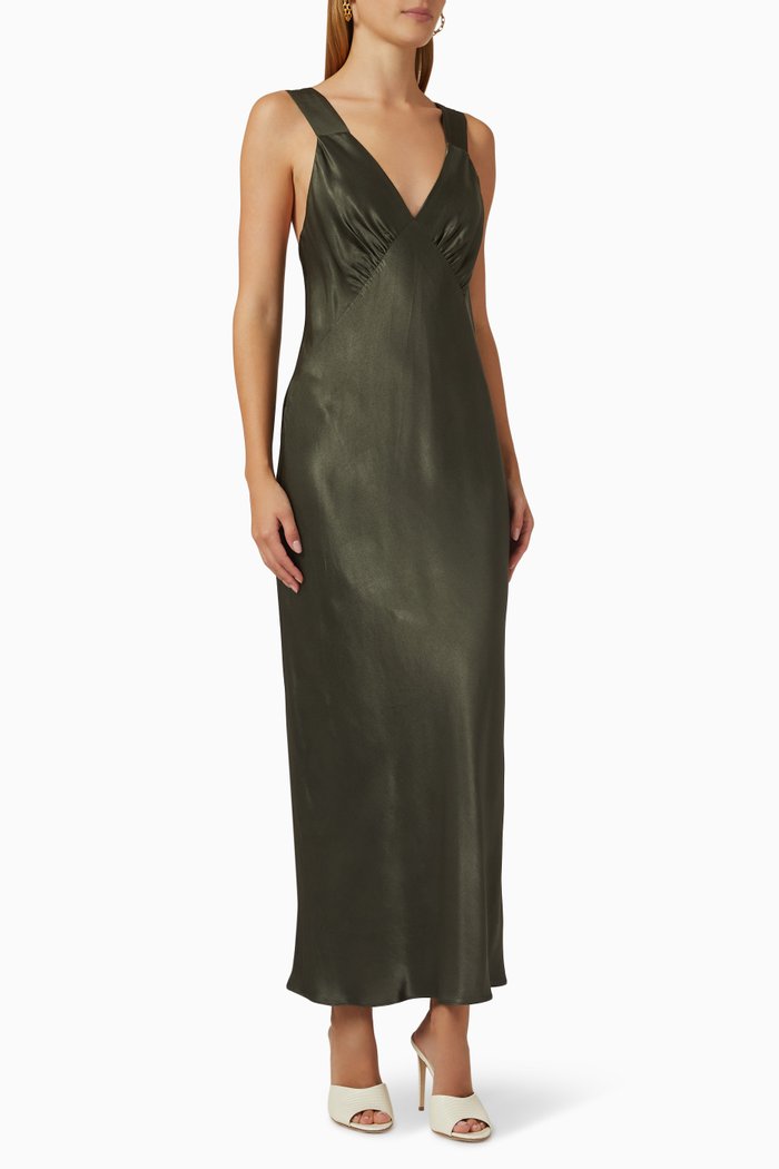 

Giorgia Plunge Midi Dress in Satin, Green
