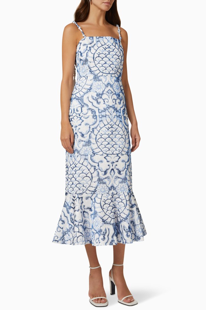 

Nolana Dress in Chinoiserie Embroidered Jacquard, Blue