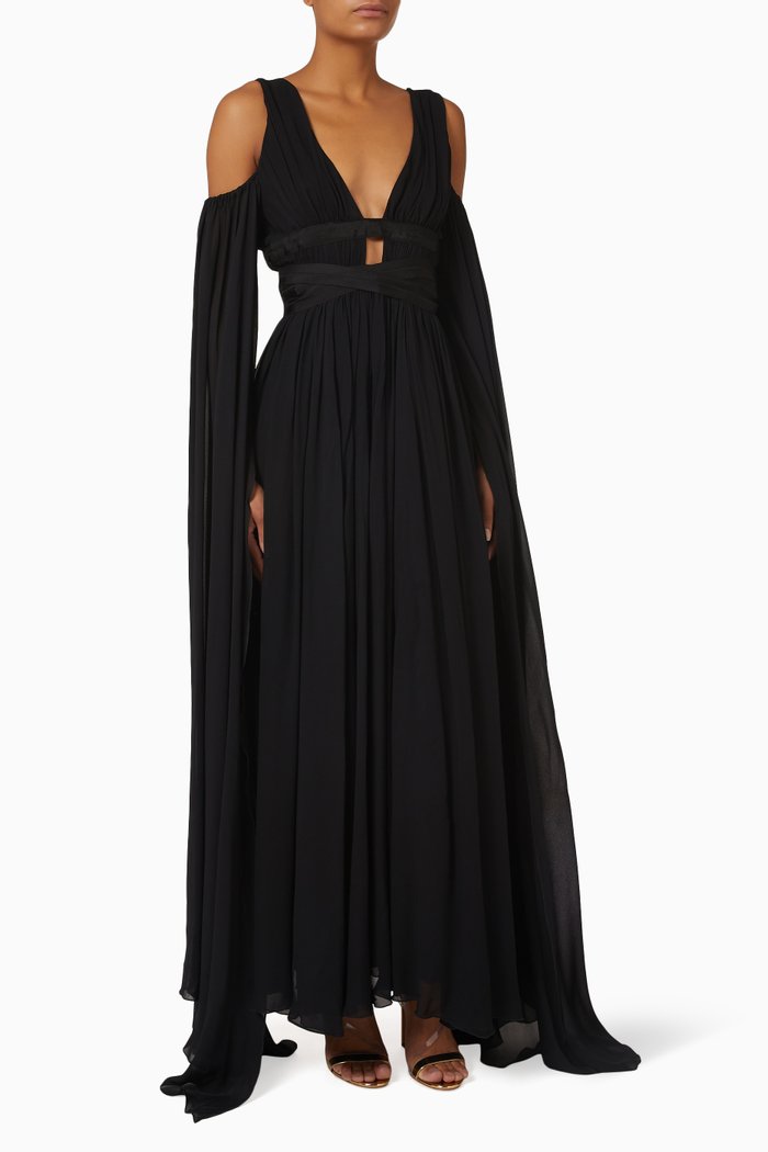 

Noce Pleated Maxi Dress in Georgette, Black