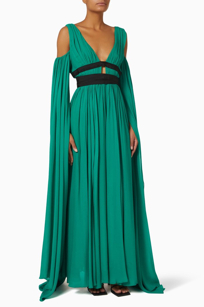 Noce Pleated Maxi Dress in Georgette, Green