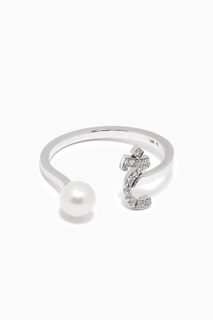 

"Kha" Letter Pearl Drop & Diamond Ring in 18kt White Gold