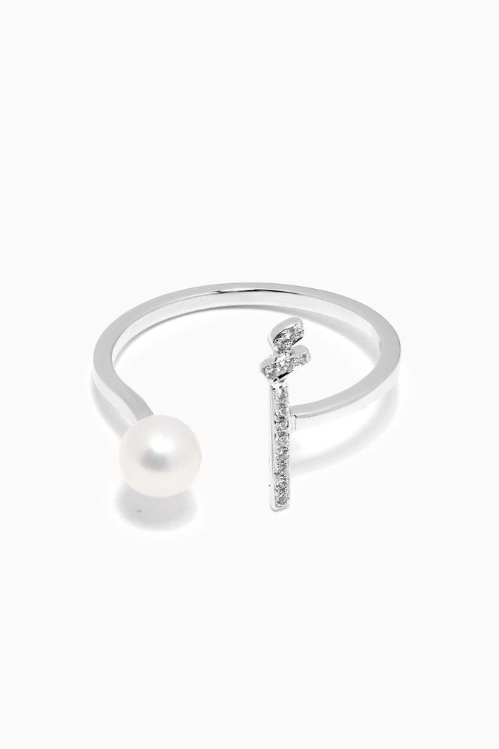 "A" Letter Pearl Drop & Diamond Ring in 18kt White Gold