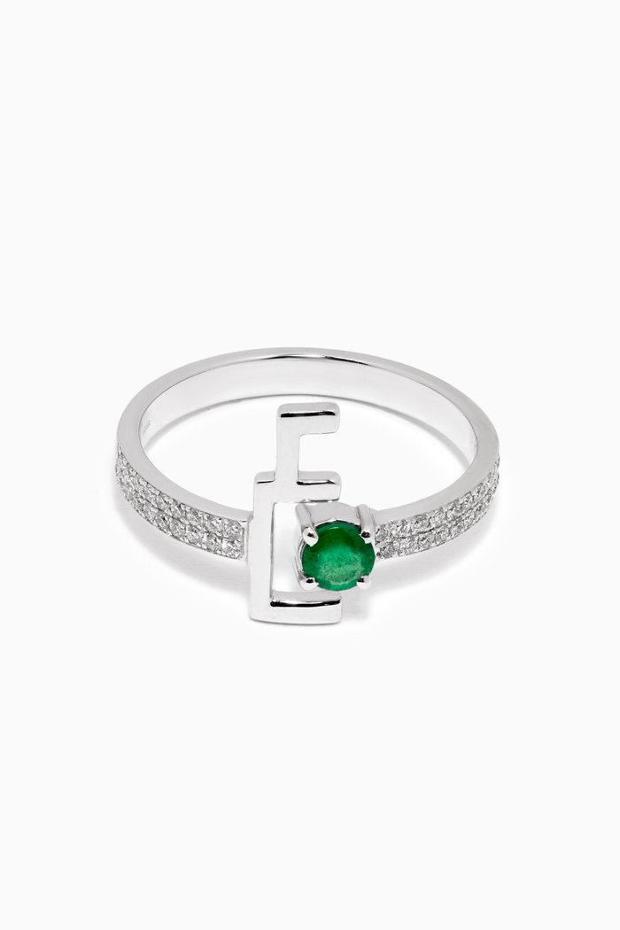 

Initial Bold Letter "3ein" Emerald & Diamond Ring in 18k White Gold