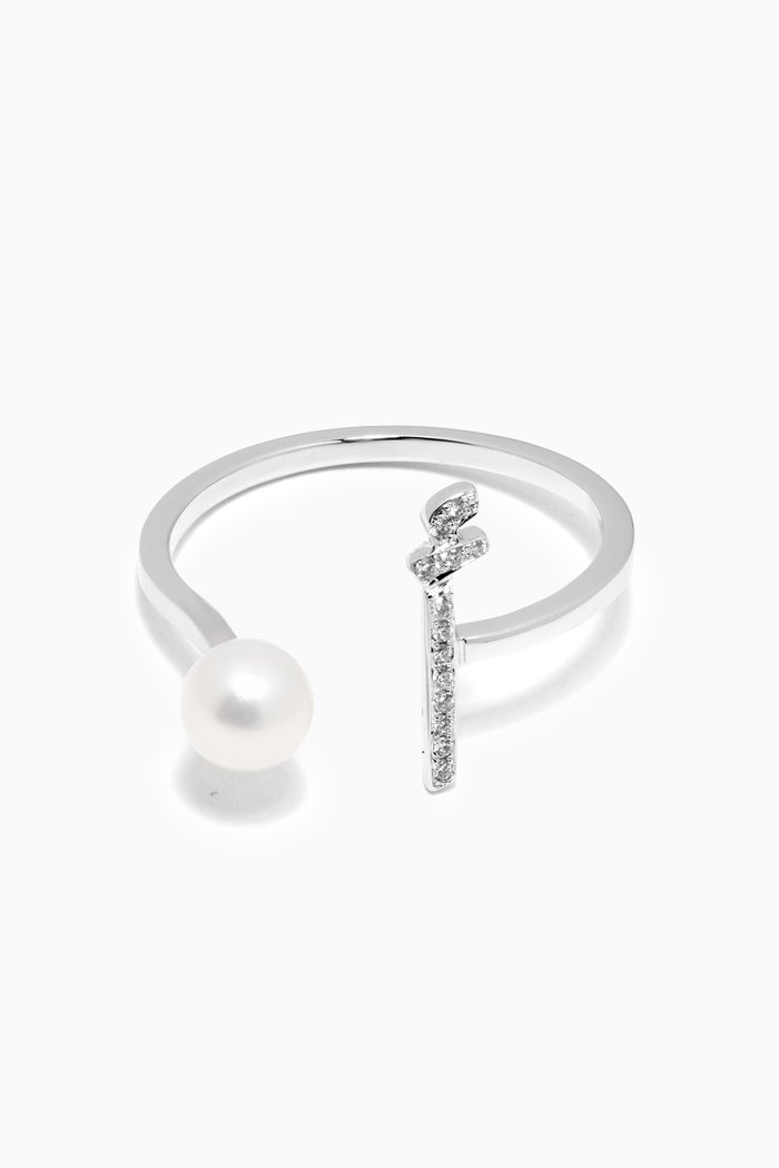 

"A" Letter Pearl Drop & Diamond Ring in 18kt White Gold