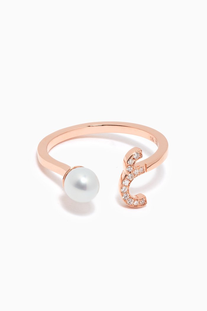 

"3ein" Letter Pearl Drop & Diamond Ring in 18kt Rose Gold