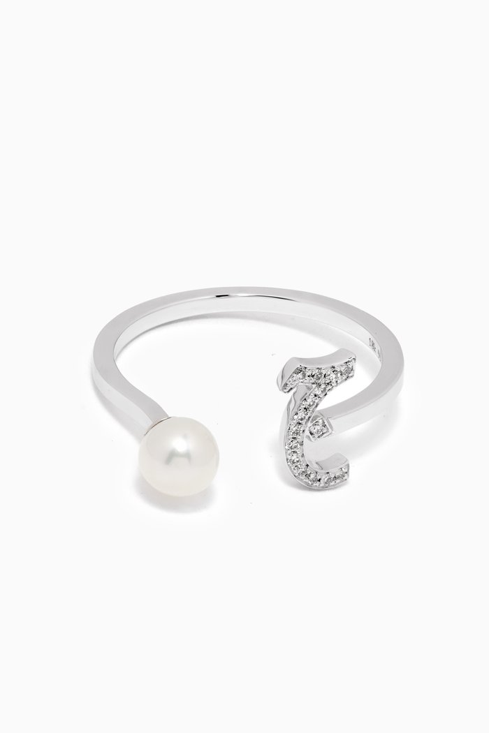 

"J" Letter Pearl Drop & Diamond Ring in 18kt White Gold