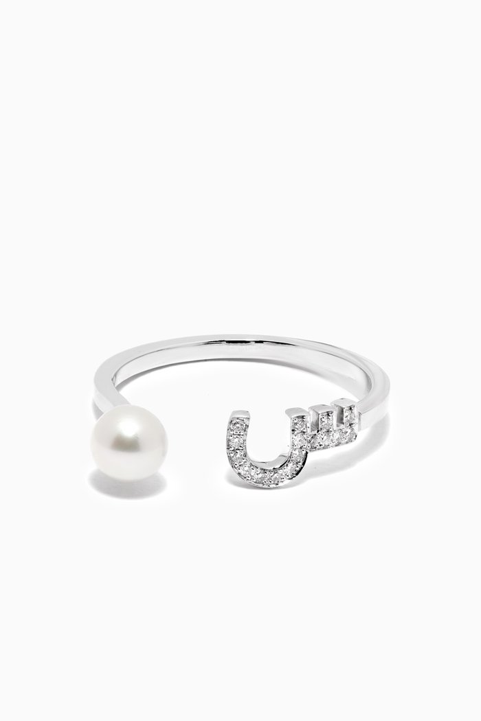 "S" Letter Pearl Drop & Diamond Ring in 18kt White Gold