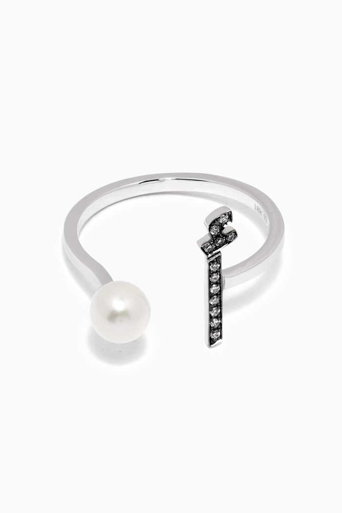 

"A" Letter Pearl Drop & Diamond Ring in 18kt White Gold