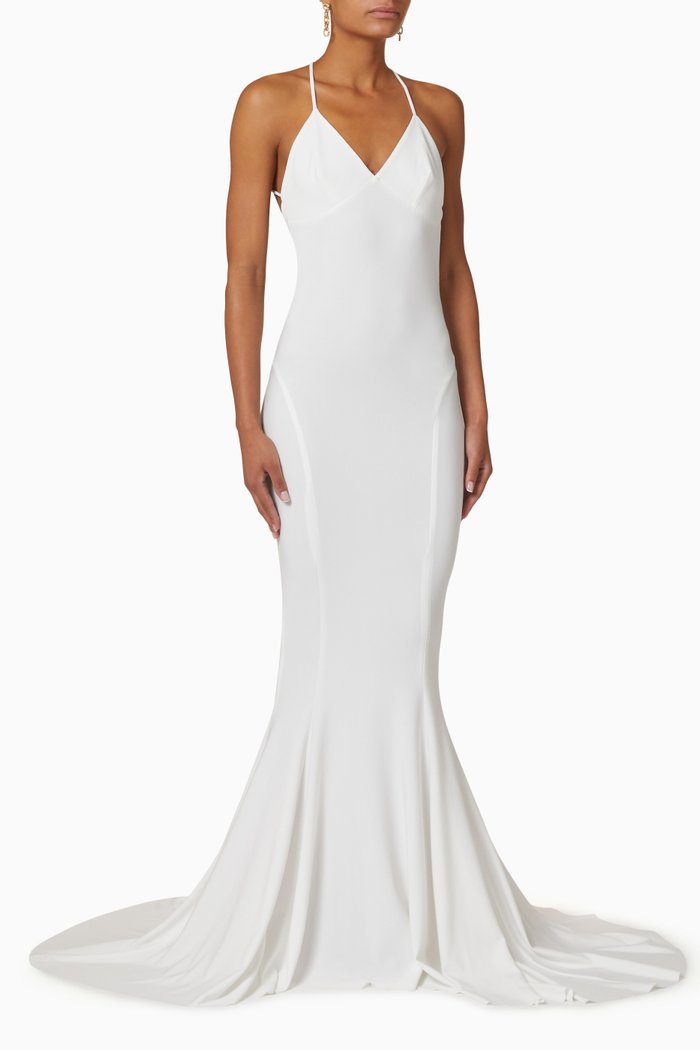 Low Back Fishtail Gown in Poly Lycra, White