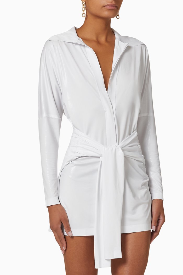 

Tie Front Shirt Dress in Stretch Lamé, White