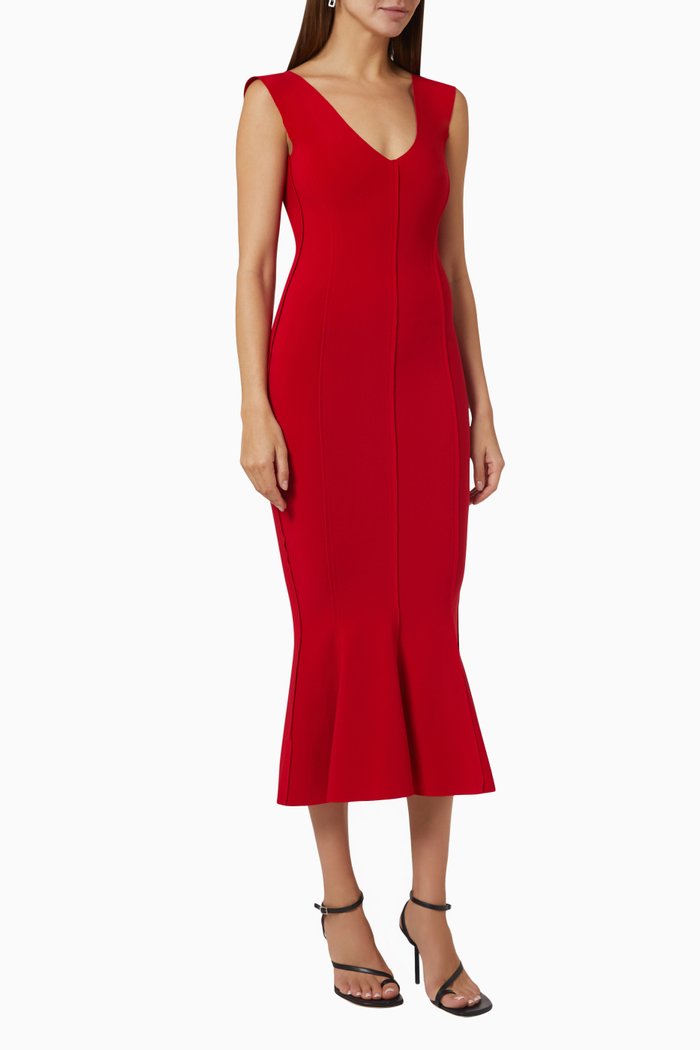 Grace Fishtail Midi Dress in Poly Lycra, Red