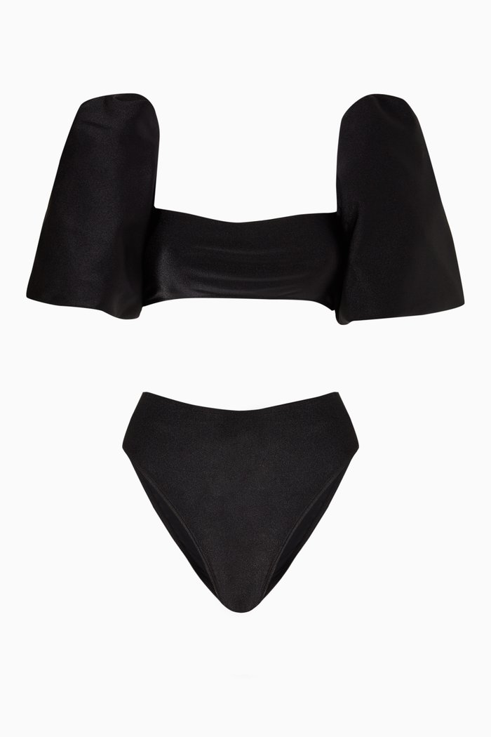 

Puff Sleeve High Waist Bikini Set, Black