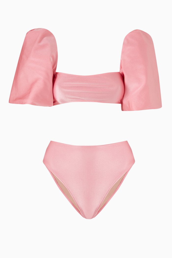 

Puff Sleeve High Waist Bikini Set, Pink