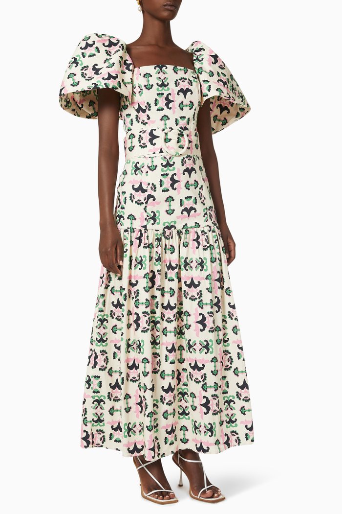 

Twisted Flower Puff Sleeve Dress in Stretch Cotton, White