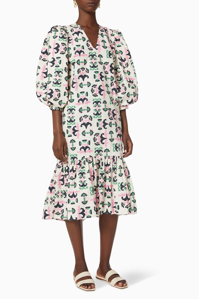 

Twisted Flower Ruffle Midi Dress in Cotton Poplin, White