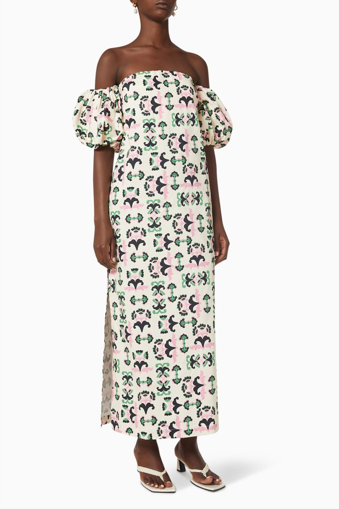 

Twisted Flower Long Dress in Stretch Cotton Poplin, Neutral
