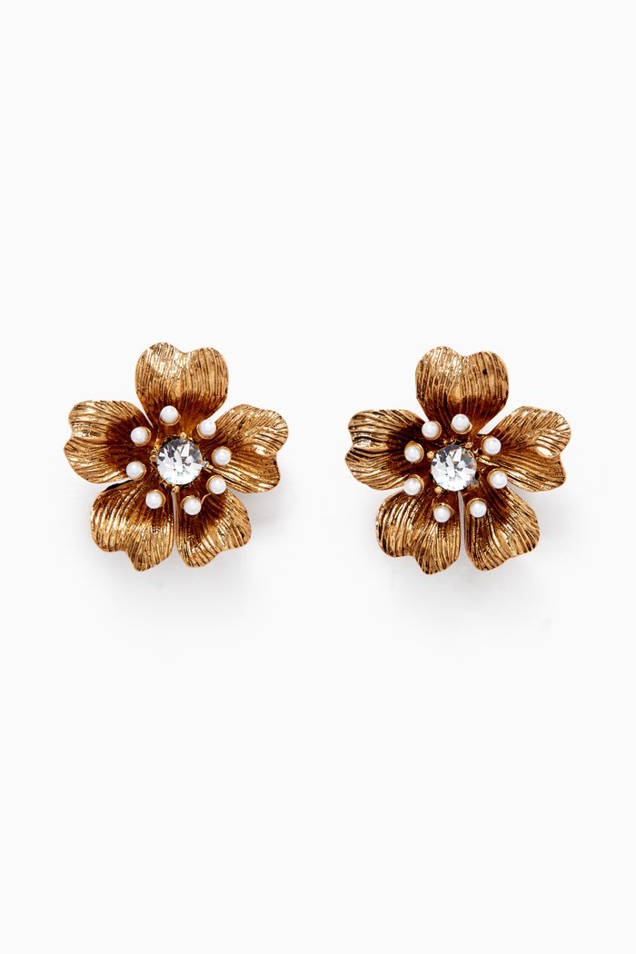 

Flower Crystal Pearl Stud Earrings, Gold